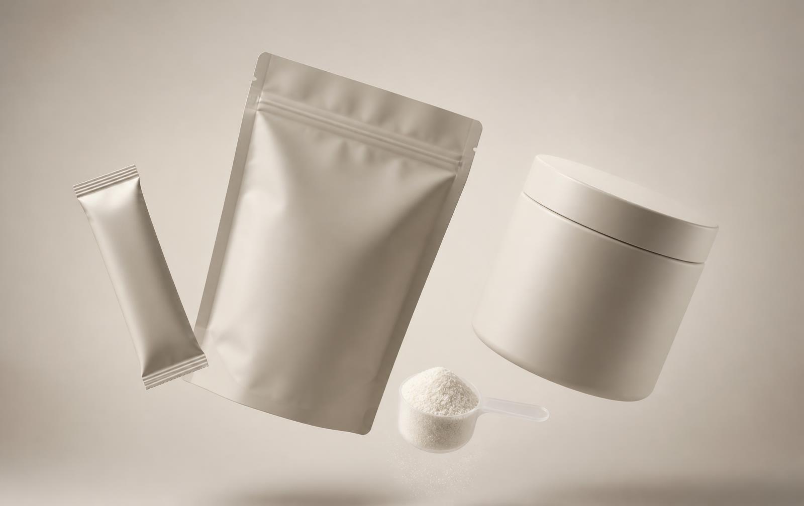Supplement packaging formats: sachet, pouch, tub and powder